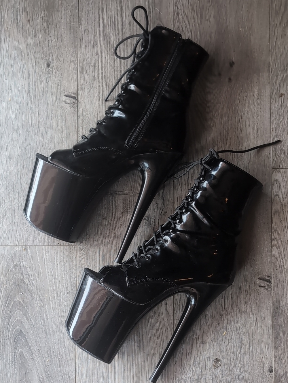 Pleasure Flamingo Black Patent Platform Stiletto Lace-Up Boots